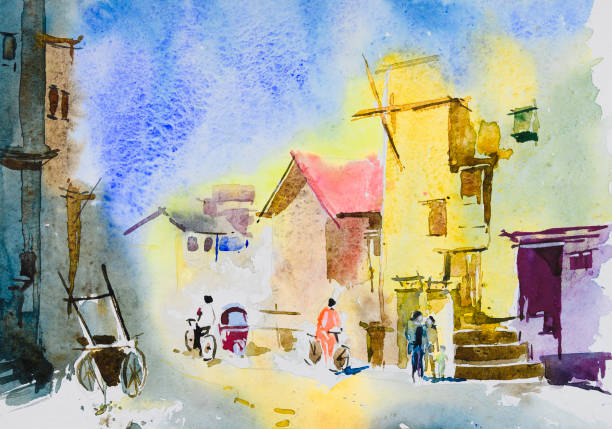 Watercolor painting of corner of countryside lane, illustration Watercolor painting of busy countryside lane, in a sunny morning. Hand painted illustration. Includes few people on the road and bright big houses. Urban landscape. autorickshaw stock illustrations