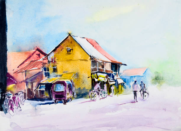 Watercolor painting of corner of countryside lane, illustration Watercolor painting of busy countryside lane, in a sunny morning with copyspace. Hand painted illustration. Includes an autorickshaw, few people on the road and a big old house. High key image. autorickshaw stock illustrations
