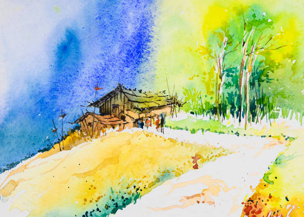 가정,산의 수채화 그림 - paintings canvas cottage painted image stock illustrations