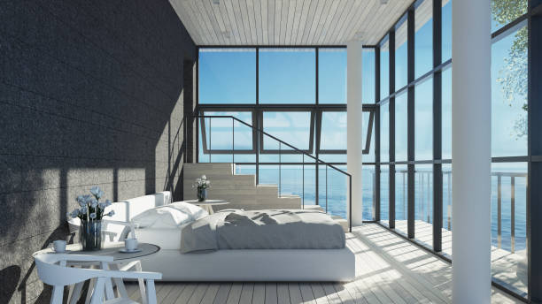 istock The Modern Bedroom Interior Sea view for Vacation and Summer - 3D rendering 1351099003
