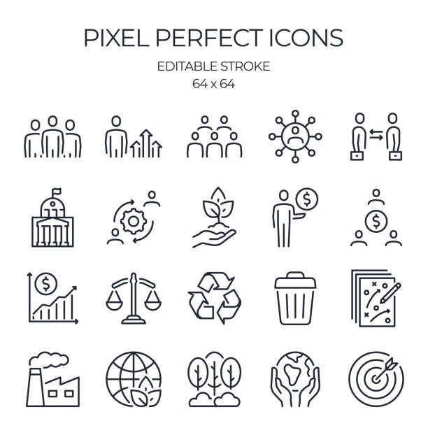 ESG related editable stroke outline icons set isolated on white background flat vector illustration. Pixel perfect. 64 x 64. ESG related editable stroke outline icons set isolated on white background flat vector illustration. Pixel perfect. 64 x 64. environment stock illustrations