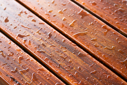 Water drops on a wooden floor surface.Drop of water on wood with raindrop after a rain with copy space.Water resistant painting and Protect hard wood with lacquer.Decor and background Concept.