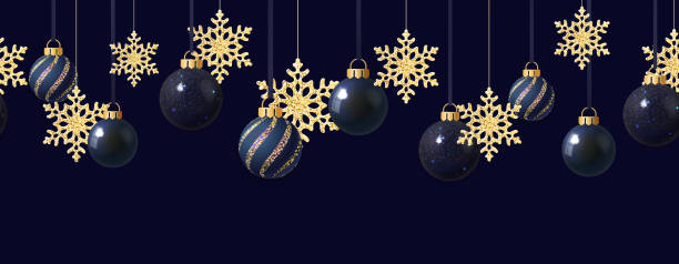 istock Christmas seamless border with gold snowflakes and hanging blue balls. 1351100429
