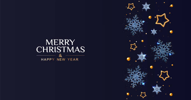 Christmas banner with snowflakes and stars on dark blue background. Christmas banner with snowflakes and stars on dark blue background. snowflake holiday greeting card blue stock illustrations