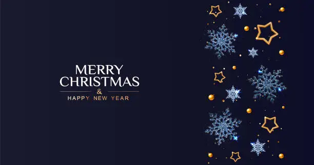 Vector illustration of Christmas banner with snowflakes and stars on dark blue background.