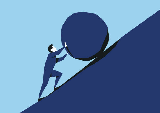 Sisyphus illustration. Man pushing big stone uphill Man in suit pushing boulder uphill sisyphus stock illustrations