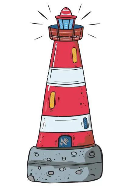 Vector illustration of Cartoon Lighthouse, illustration Red and white Sea Tower Construction, Vector Object Isolated Clip Art