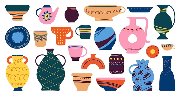 Home decorative utensils. Kitchen ceramic pottery, bowl cup dish. Art crockery and tableware. Household elements, vintage porcelain decent vector set. Ceramic kitchen pottery, cup and vase