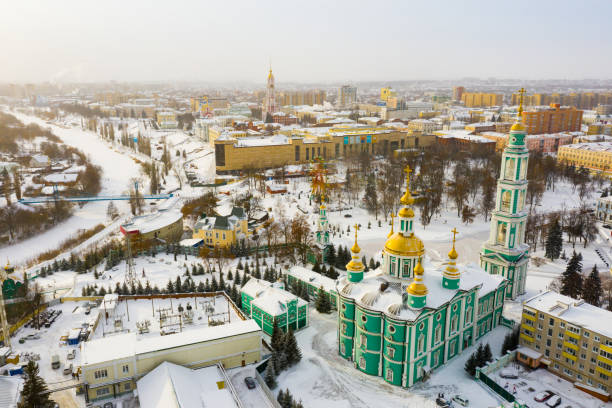 Aerial view of the Spaso-Preobrazhensky Cathedral and residential buildings in Tambov Aerial view of the Spaso-Preobrazhensky Cathedral on the square in the city center and residential buildings in 
Tambov in winter, Russia tambov oblast photos stock pictures, royalty-free photos & images