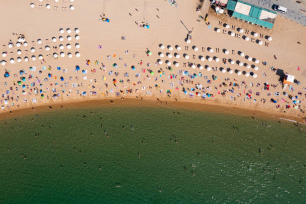 istock Birds eye view of crouded beach 1351105071
