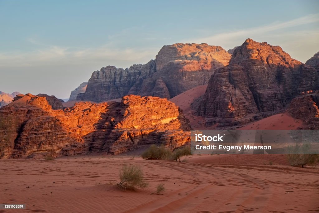 Sunset in desert, Wadi Rum Jordan - Middle East Stock Photo