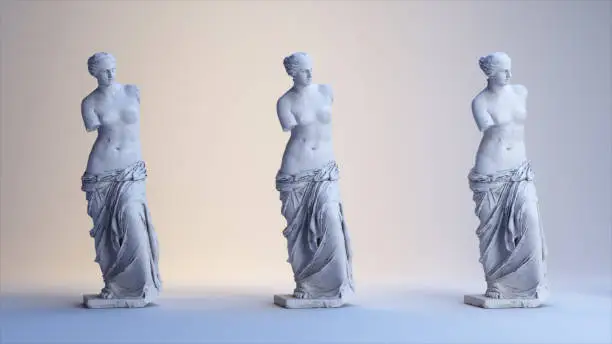 Ancient Roman white marble rotating statue of Venus on a light background. 3d illustration. High quality 3d illustration