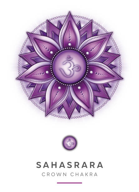 ilustraciones, imágenes clip art, dibujos animados e iconos de stock de símbolos de chakra, chakra de la corona - sahasrara - conocimiento, conciencia, plenitud, espiritualidad - "entiendo" - om symbol lotus hinduism symbol