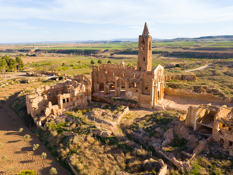 Aerial view of ruins of old historic Spanish village Belchite in province of Zaragoza