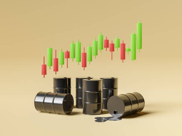 oil barrels with rising chart oil barrels with rising candlestick chart. concept of rising oil prices. 3d rendering candlestick holder stock pictures, royalty-free photos & images