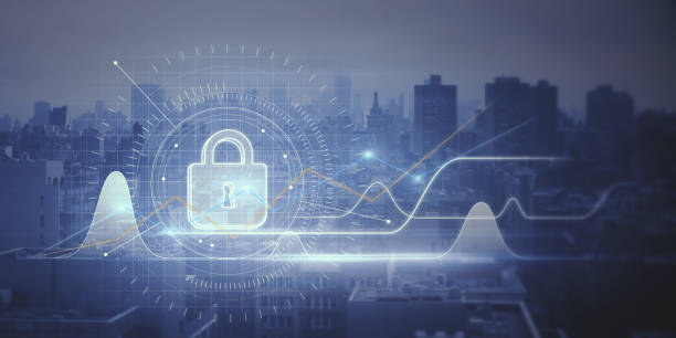 istock Abstract business chart with padlock interface glowing on blurry city background. Investment, stock, safety and account protection concept. Double exposure. 1351105817