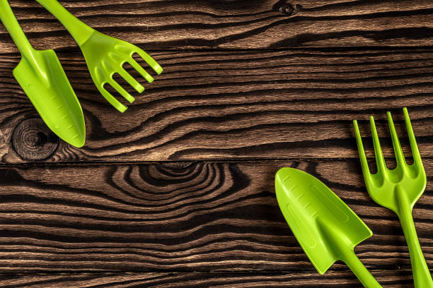 istock Gardening tools concept. Spade, rake and fork on wooden background with space for text flat lay top view. 1351105912