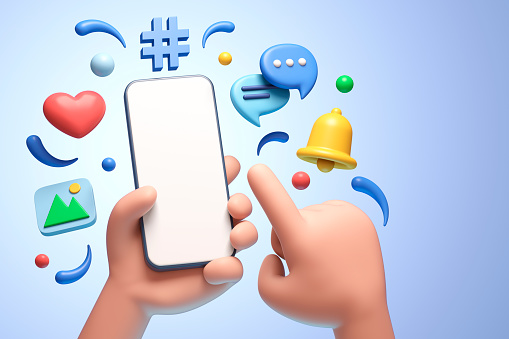 Cartoon character holds smart phone. Online communication concept on blue background. 3d illustration.