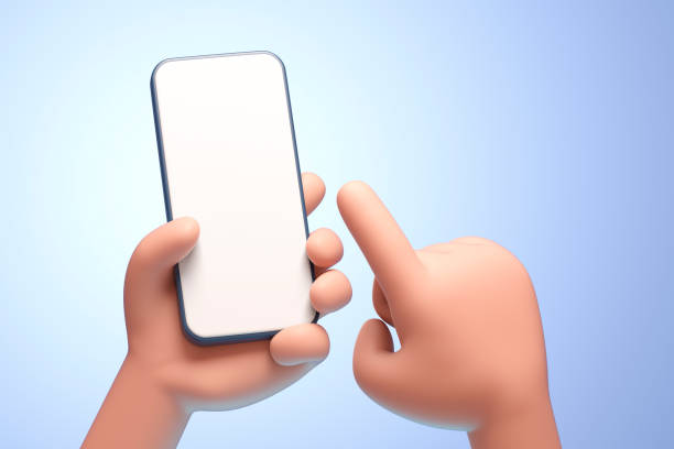 cartoon hand halten smartphone auf blauem hintergrund - cartoon 3d stock-fotos und bilder