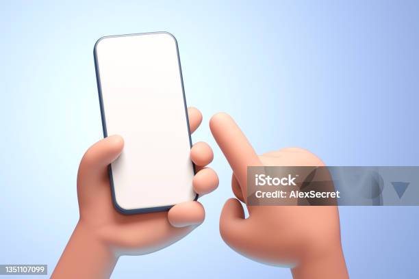 Cartoon Hand Holding Smartphone On Blue Background Stock Photo - Download Image Now - Three Dimensional, Hand, Mobile Phone