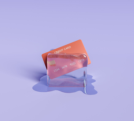 credit card trapped inside an ice cube melting. 3d rendering