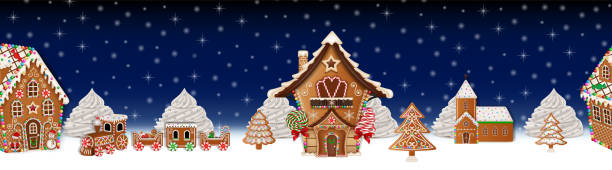 istock christmas seamless border with gingerbread landscape. christmas banner with gingerbread house, church, train and tree 1351107704