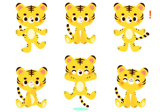 Vector illustration of Tiger facial expression and gesture illustration set