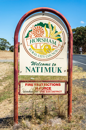 Natimuk, Victoria, Australia - March 2, 2017. Welcome sign on the entrance to Natimuk, VIC.