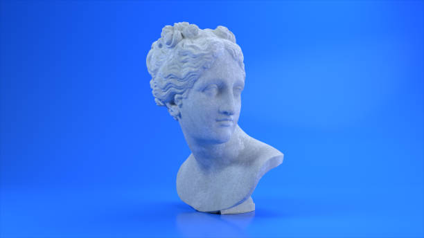 ancient roman white marble rotating head of venus on a blue background. 3d illustration - mythology marble close up architecture imagens e fotografias de stock