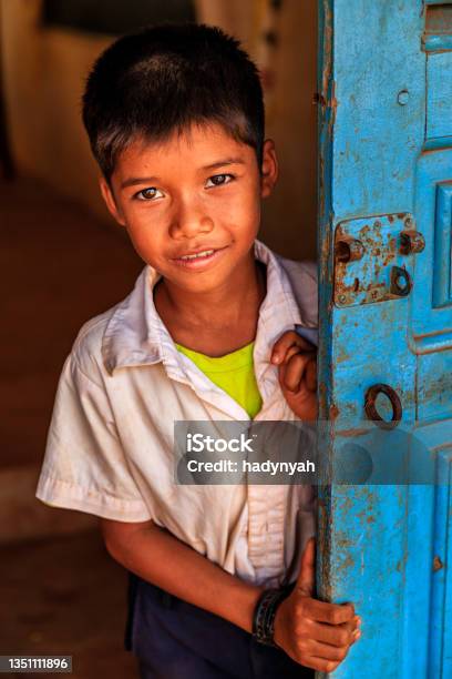 Cambodian Schoolboy Standing In Doorway Of School Cambodia Stock Photo - Download Image Now