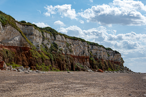 Red and white striped cliffs at Hunstanton, Norfolk, caused by layers of different coloured rock