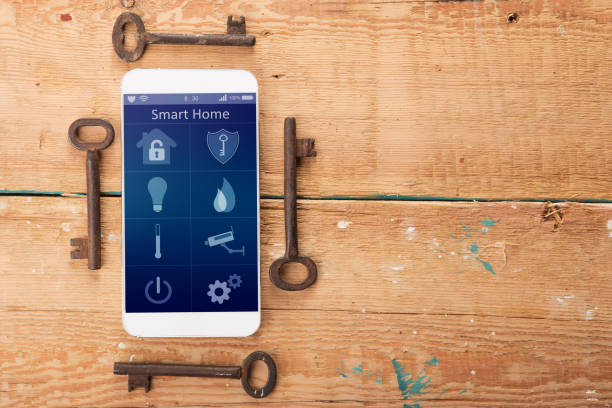 istock Smartphone with smart home app on the wooden desk 1351112219