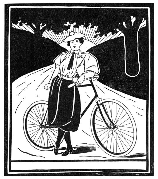 ilustrações de stock, clip art, desenhos animados e ícones de young woman with bicycle on country road  art nouveau 1897 - women victorian style retro revival art nouveau
