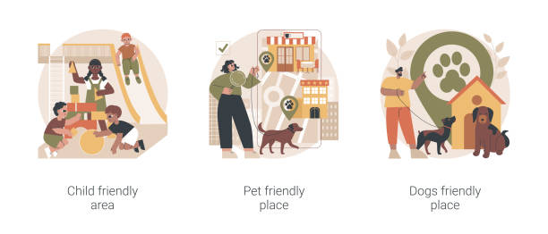 Inclusive public places abstract concept vector illustrations. Inclusive public places abstract concept vector illustration set. Child area, pet friendly place, dog friendly restaurant, shopping center playground, welcome sign, free walking abstract metaphor. inclusive playground stock illustrations