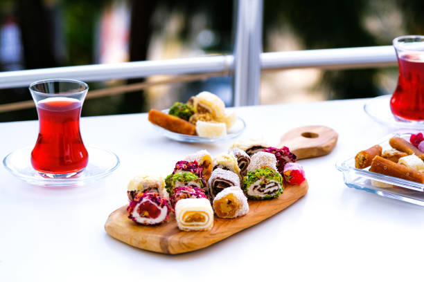 istock Traditional tea with locum- Turkish delight. 1351114417