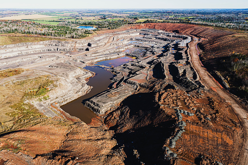 Aerial drone view of an open pit gypsum mine.