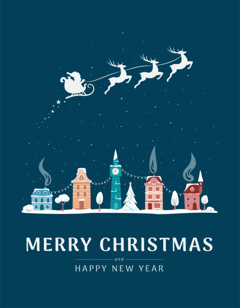 stockillustraties, clipart, cartoons en iconen met christmas card with winter old town and santa sleight - kerstkaart