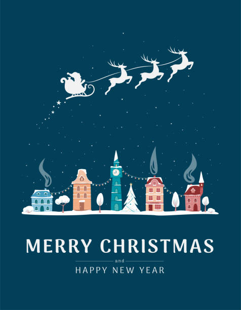 Christmas card with winter old town and Santa sleight. Night city landscape with decorative old buildings and Merry Christmas sign. Winter town. Vector illustration in flat style.