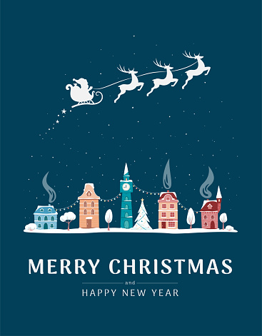 Christmas card with winter old town and Santa sleight. Night city landscape with decorative old buildings and Merry Christmas sign. Winter town. Vector illustration in flat style.
