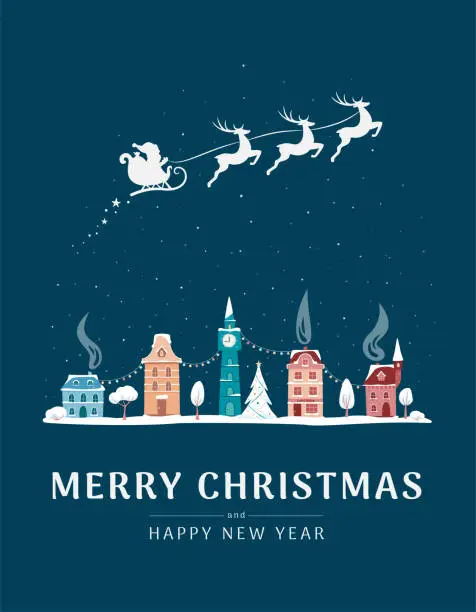 Vector illustration of Christmas card with winter old town and Santa sleight