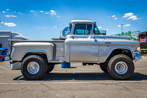 Reno, NV - August 4, 2021: 1956 GMC Blue Chip Series Stepside Pickup Truck at a local car show.