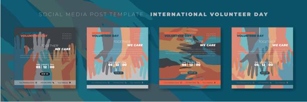 Set of social media post template with colorful hands background design. International volunteer day template design Set of social media post template with colorful hands background design. International volunteer day template design. Good template for Volunteer design. wild posting ad stock illustrations