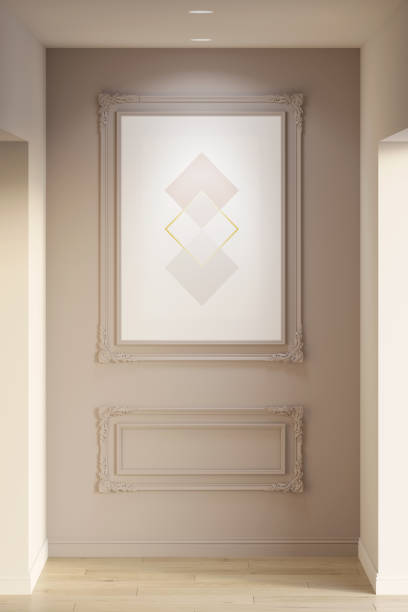 istock Bright corridor interior with the illuminated vertical poster on beige wall in classic style, wooden floor, two doorways, and ceiling with spotlights. Front view. 1351119499