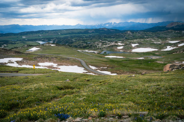 Twisty switchbacks along the Beartooth Highway road in Montana, on a stormy summer day