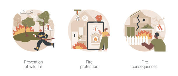 ilustraciones, imágenes clip art, dibujos animados e iconos de stock de ejemplos vectoriales abstractos del concepto del servicio de extinción de incendios. - wildfire smoke