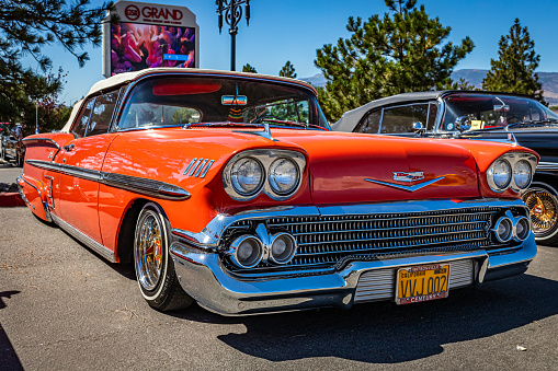 Reno, NV - August 4, 2021: 1958 Chevrolet Impala Convertible at a local car show.