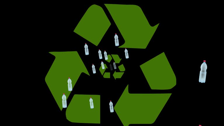 Animation of bottles and recycling symbol on black background