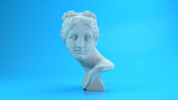 ancient roman white marble rotating head of venus on a blue background. 3d illustration - mythology marble close up architecture imagens e fotografias de stock