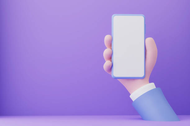 istock Animation hand holding smartphone with white screen on violet background, 3d illustration 1351124378