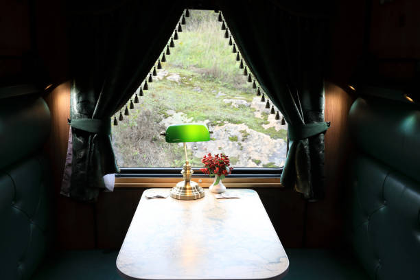 Interior compartment of vintage train carriage, Russia